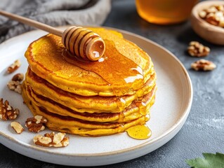 Delicious pumpkin pancakes with honey and nuts on a white plate