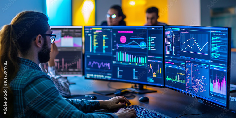 Poster Software engineers developing new innovative application in a modern dark office