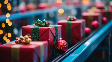 Closeup of colorful christmas gifts with ornaments, symbolizing festive joy.