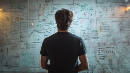 An entrepreneur mapping the stages of an innovative business idea on a glass wall, with detailed notes and flowcharts guiding the brainstorming process.