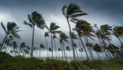 Obraz premium Palm trees are bending dramatically under the force of the wind.
