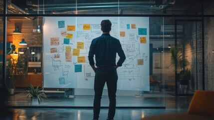 An entrepreneur mapping the stages of an innovative business idea on a glass wall, with detailed notes and flowcharts guiding the brainstorming process.
