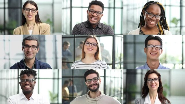 Positive different people in casual and business clothes multiple shot collage.
