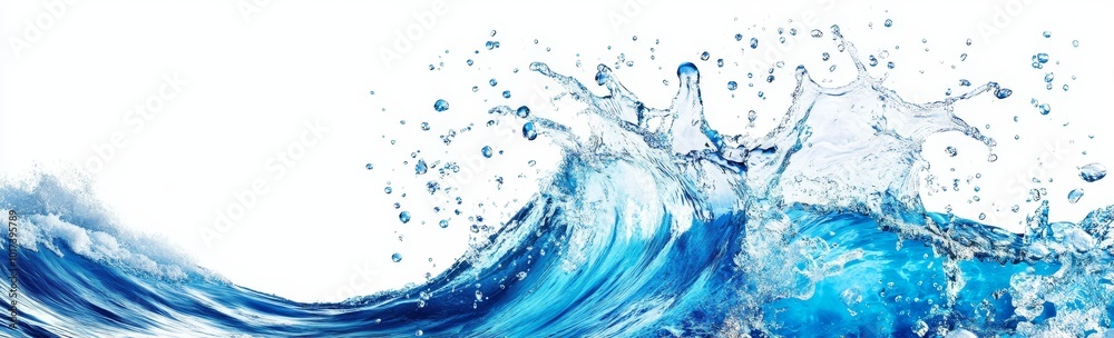 Poster blue ocean wave with splashes and bubbles, isolated on white background.