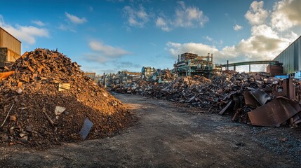 An outdoor recycling yard filled with scrap iron being prepared for processing, with towering piles of old industrial equipment, girders, and metal sheets waiting to be melted down.