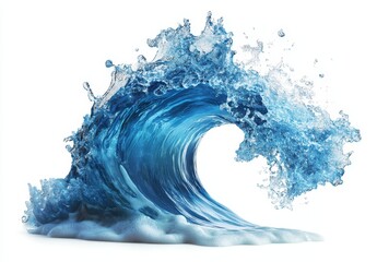 A powerful wave breaks, creating a splash of water with foam and air bubbles isolated on a white background.