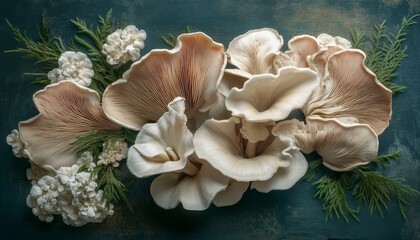 A cluster of oyster mushrooms arranged in a fan shape with white flowers and green leaves on a blue background.