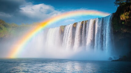 Fototapeta premium A vibrant rainbow spanning across a misty waterfall, symbolizing harmony and the beauty of new possibilities.