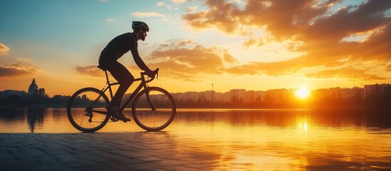 Obraz premium Silhouette of a cyclist riding on a path by a lake at sunset.