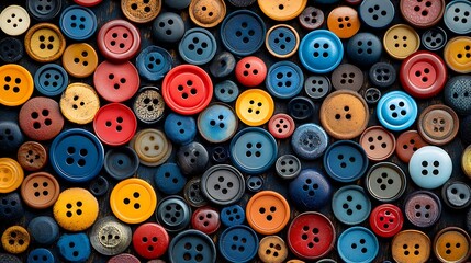 Fototapeta premium Colorful buttons of various sizes and colors arranged in a chaotic pattern.