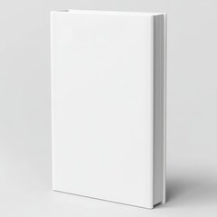 A blank white book standing upright against a white background.