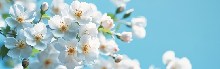 Obraz premium A cluster of delicate white blossoms with yellow centers bloom against a vibrant blue sky.