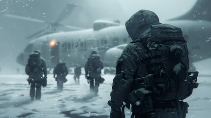 Obraz premium a group of soldiers walking towards a plane in the snow with a helicopter in the background