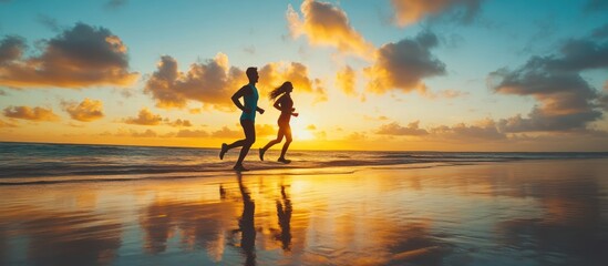 Silhouettes of a couple running on a beach at sunset.