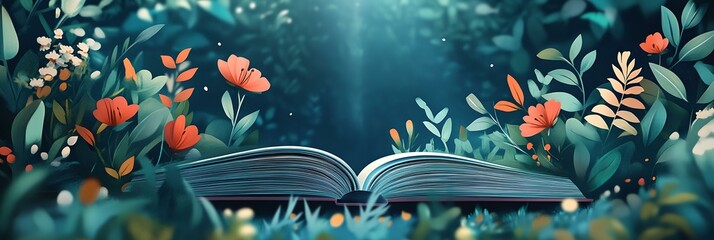 an open book sitting in the middle of a forest filled with flowers and plants