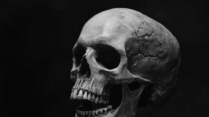 Obraz premium A human skull with an open jaw is displayed in a black and white still life.