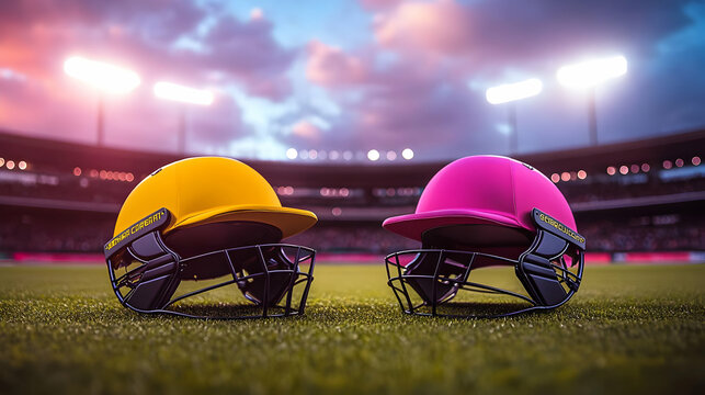 Two colorful cricket helmets on a field under stadium lights.