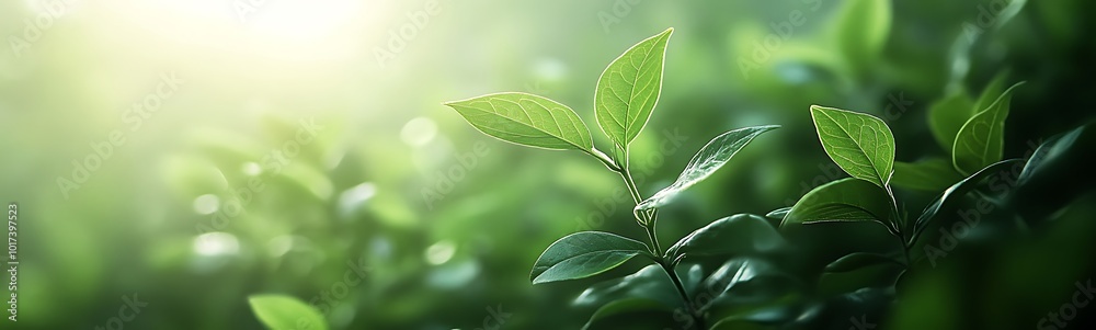 Poster lush green leaves glisten with dew under soft sunlight, creating a serene, refreshing ambiance in a 