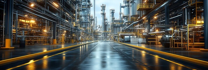 Fototapeta premium A large industrial area with many pipes and a lot of lights