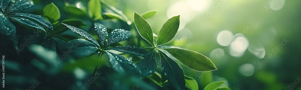Aufkleber lush green leaves glisten with dew under soft, diffused light, creating a serene and vibrant natural