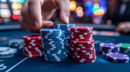 Naklejka premium a person is placing a piece of gambling chips on a table