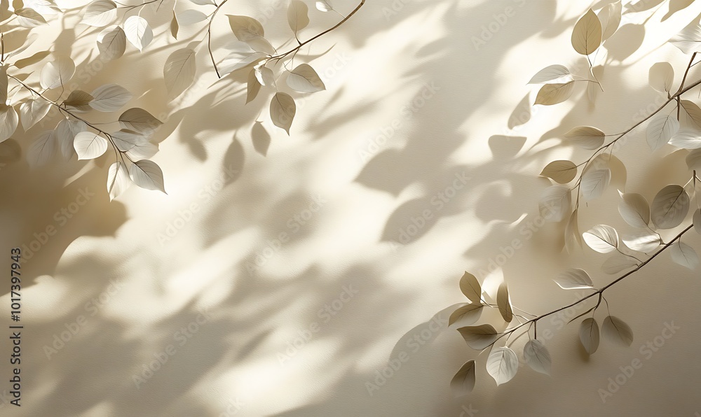Poster a soft, serene background featuring delicate branches and leaves, casting gentle shadows on a light 