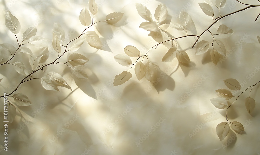 Leinwandbilder A gentle arrangement of translucent leaves casting softly diffused shadows on a light background, creating an ethereal and serene atmosphere.