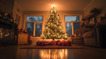 A Christmas Tree Illuminated in a Living Room with Presents and a Fireplace