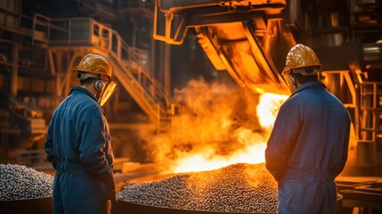 Engineers overseeing the production of iron pellets in a high-tech factory, where raw materials are processed into small, spherical forms for further use in steelmaking.