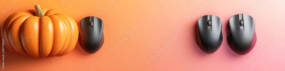 Poster creative minimalist pumpkin shape created with computer mice on orange background - halloween and te