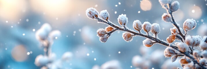 A branch covered in snow and frost