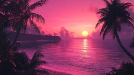 A pink sunset over a tropical beach with palm trees silhouetted against the sky.