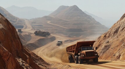 Heavy trucks carrying iron ore from a mine to a refinery, navigating dusty roads through a mountainous mining region, with the mine visible in the background.