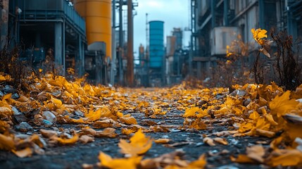 Obraz premium A path through an industrial area covered in fallen leaves.