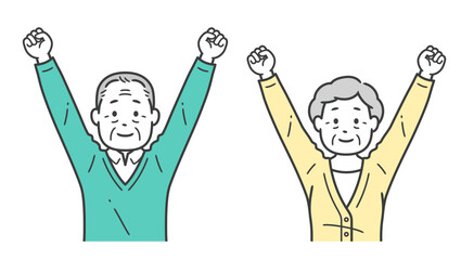 両手でガッツポーズをする後期高齢者男女の上半身イラスト
