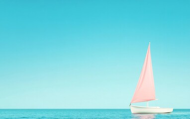 Obraz premium Minimalist Sailboat with Pink Sail on Calm Blue Waters Under Clear Sky