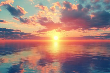 Fototapeta premium Colorful sunset over a calm ocean with pink clouds and a glowing sun reflecting off the water.