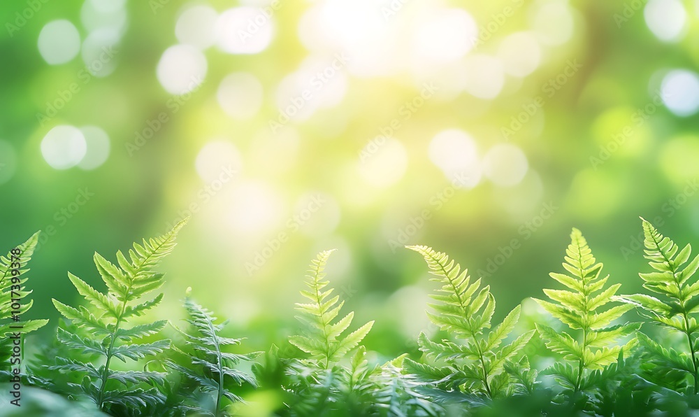 Poster A vibrant display of green ferns illuminated by soft sunlight, creating a serene and refreshing natural scene.