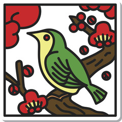 正方形ステッカー花札アイコン　鶯　如月　梅　2月　梅に鶯