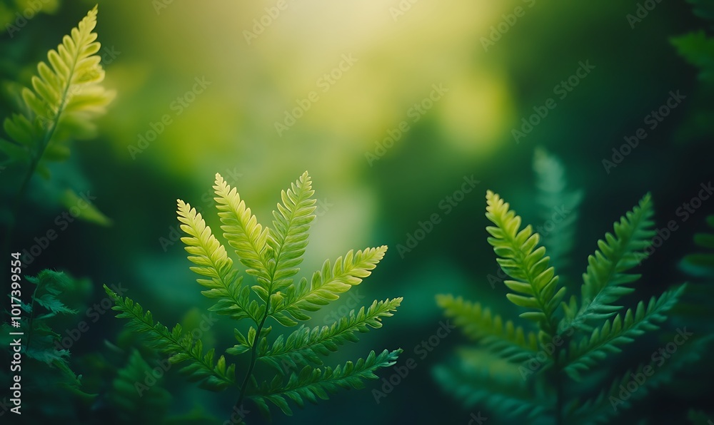 Aufkleber lush green ferns illuminated by soft, natural light, creating a serene and calming forest ambiance.