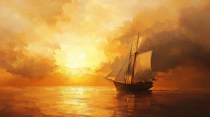 Fototapeta premium A serene and detailed painting of a ship sailing at sunset, set against a tranquil background, warm color palette, soft light with rich textured brushstrokes