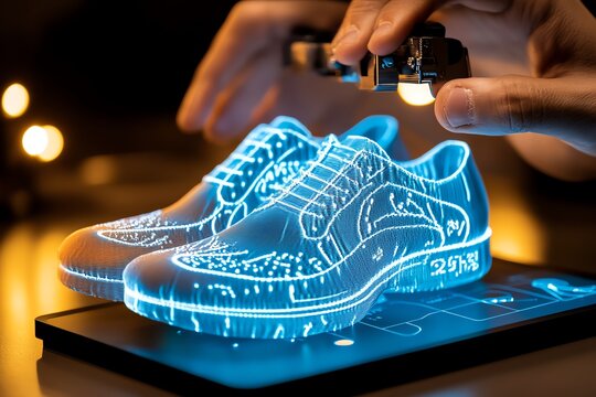 Realistic depiction of a person 3D printing a pair of shoes at home, showcasing tomorrow's trends in manufacturing and customization