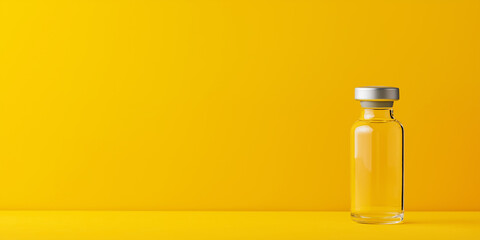 Single glass medical vial standing on yellow background