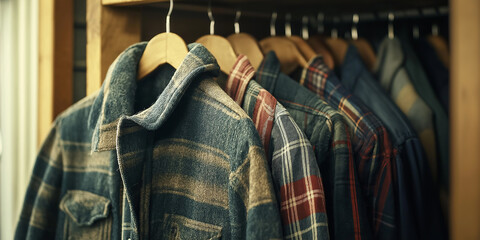 Warm shirts hanging in closet on wooden hangers