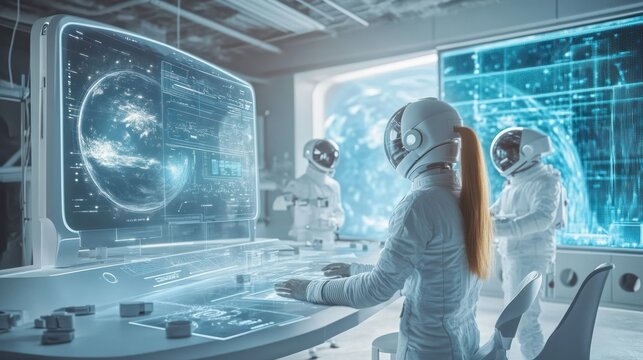 Inside a high-tech design studio, architects collaborate on space architecture, using holograms and virtual reality to develop living spaces for a lunar colony.