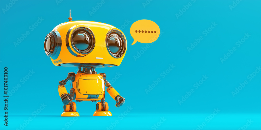 Aufkleber cute yellow robot thinking with empty speech bubble on blue background