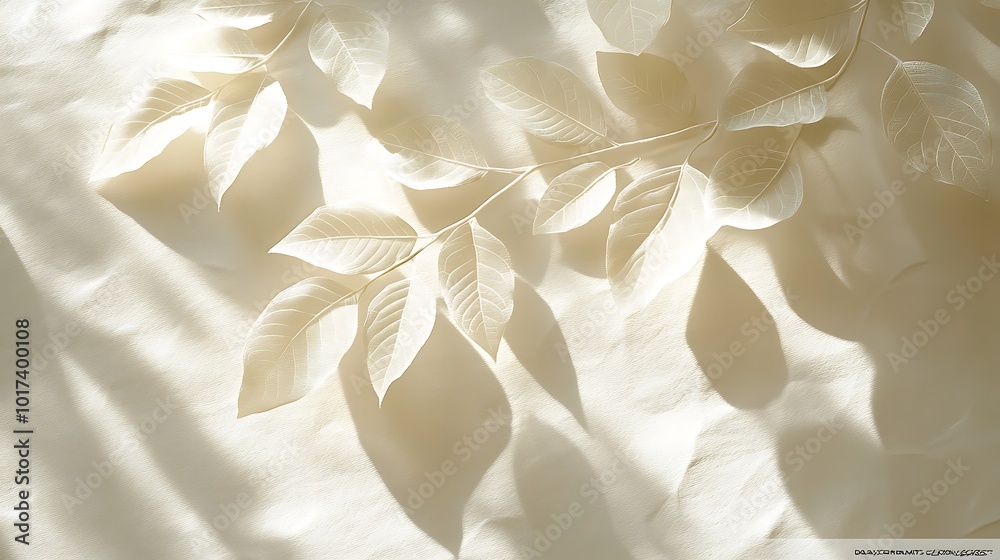Fototapete A close-up view of delicate fabric featuring leaf-like patterns casting soft shadows in warm light.