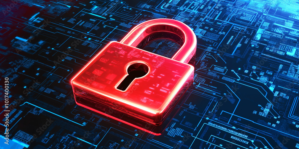 Aufkleber red padlock glowing on circuit board symbolizing cybersecurity