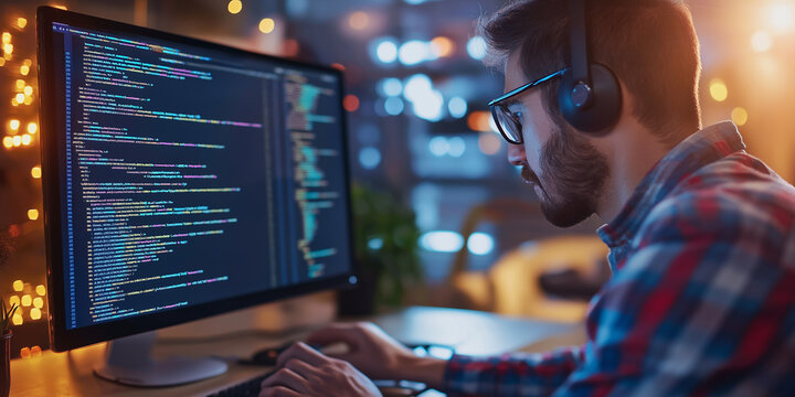 Focused computer programmer is working on source code late at night at his home office