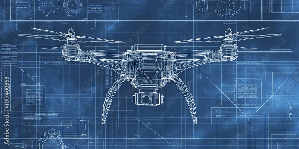 Poster Modern drone design hovering on a blueprint background